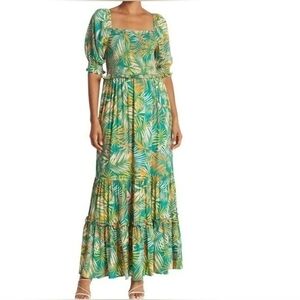 Betsey Johnson palm leaf printed Tiered Ruffle Maxi dress XL Kelly Green…